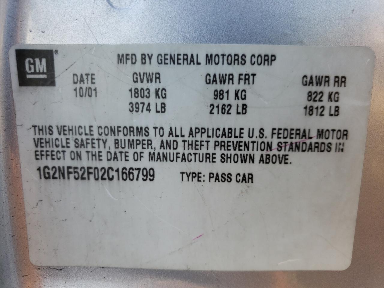 2002 Pontiac Grand AM VIN 1G2NF52F02C166799 Copart auction photo, front end / rear end damage thumbnail 15