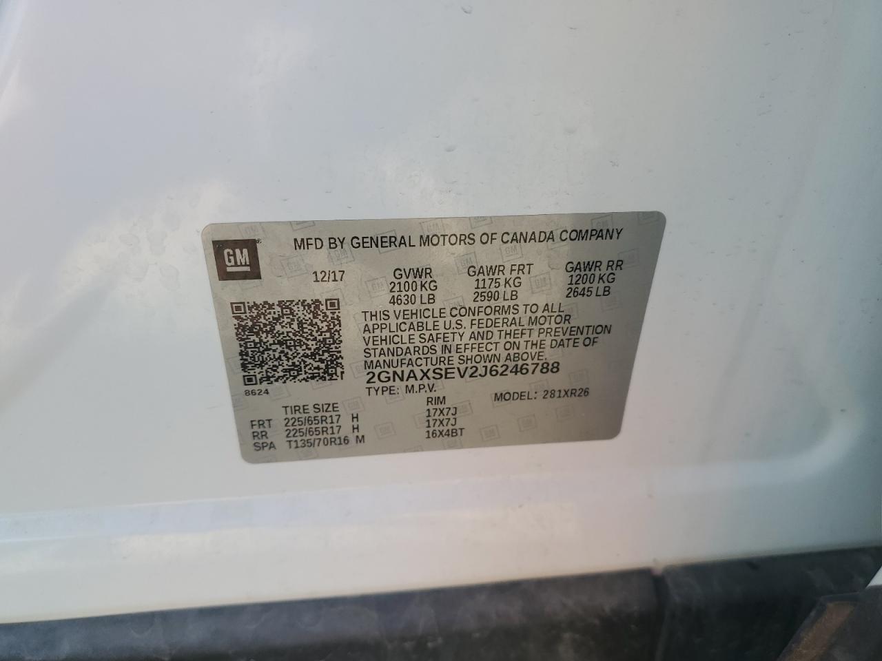 2018 Chevrolet Equinox VIN 2GNAXSEV2J6246788 Copart auction photo, front end damage thumbnail 15