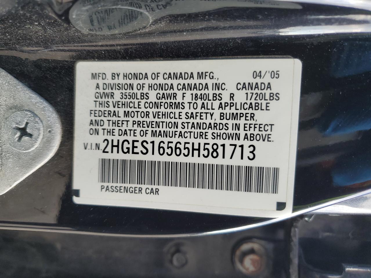2005 Honda Civic VIN 2HGES16565H581713 Copart auction photo, front end / minor dent/scratches damage thumbnail 12