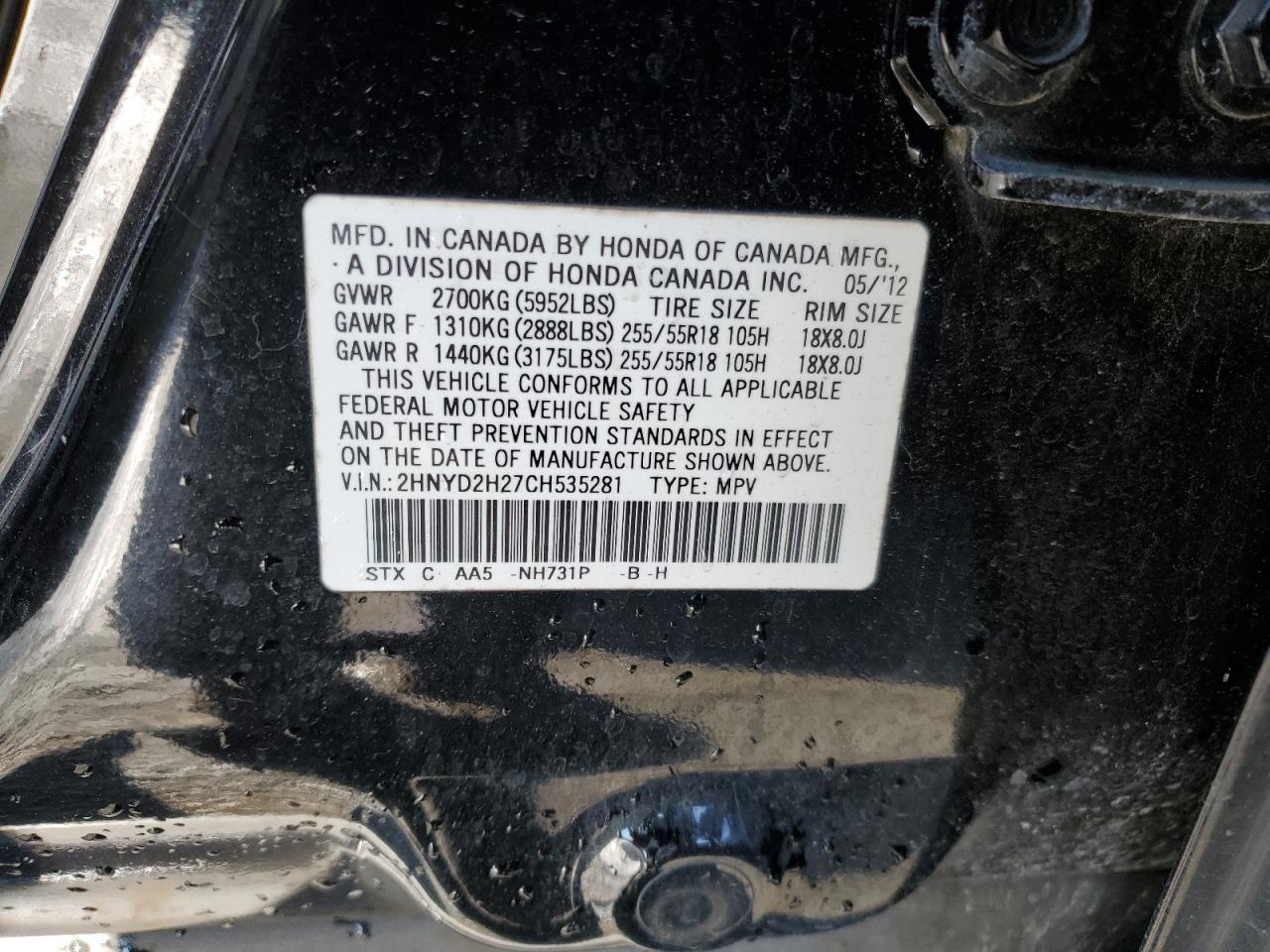 2012 Acura MDX VIN 2HNYD2H27CH535281 Copart auction photo, front end damage thumbnail 14
