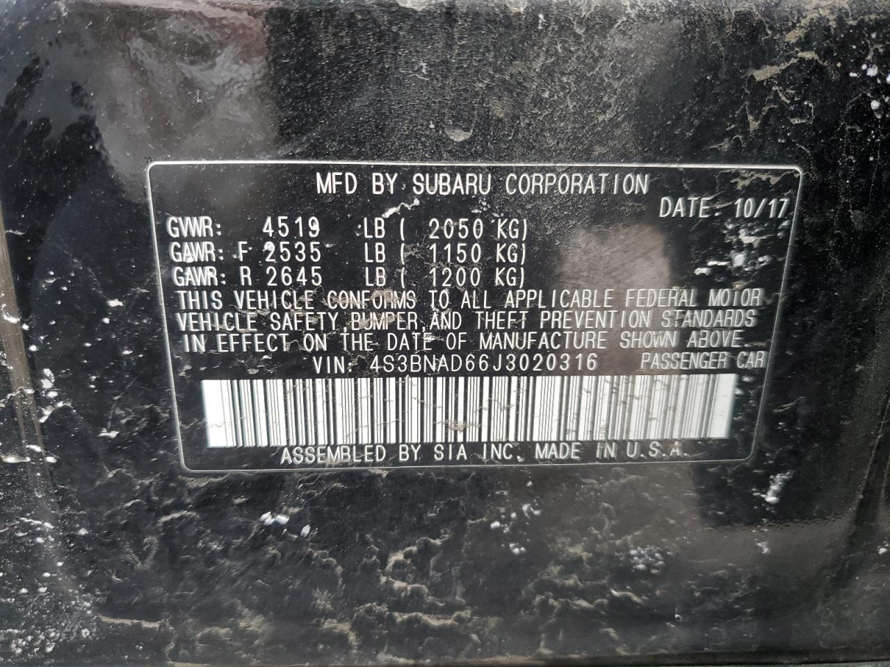 2018 Subaru Legacy VIN 4S3BNAD66J3020316 Copart auction photo, side / front end damage thumbnail 15