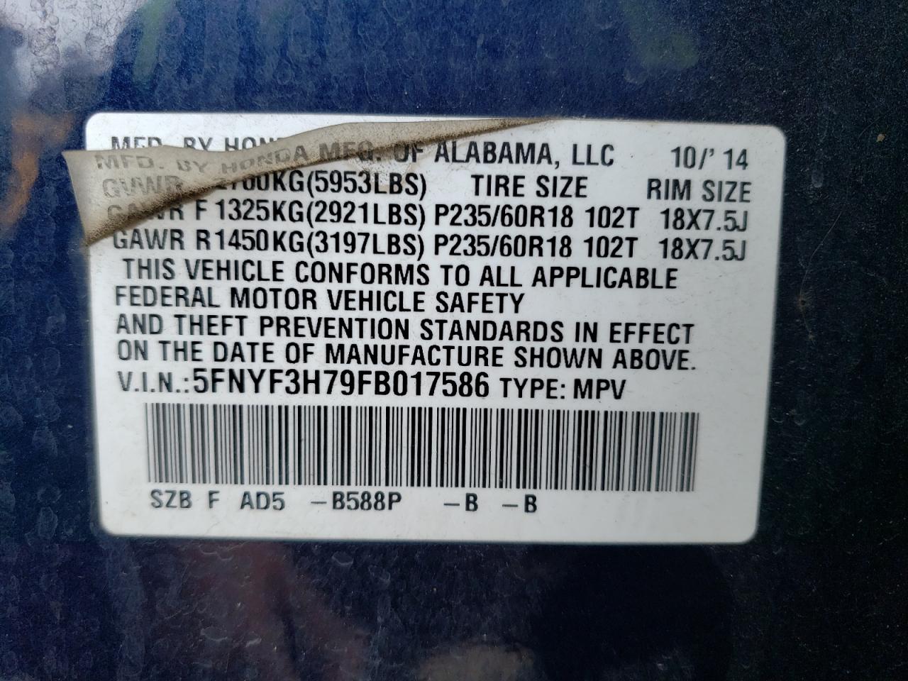 2015 Honda Pilot VIN 5FNYF3H79FB017586 Copart auction photo, front end / rear end damage thumbnail 14