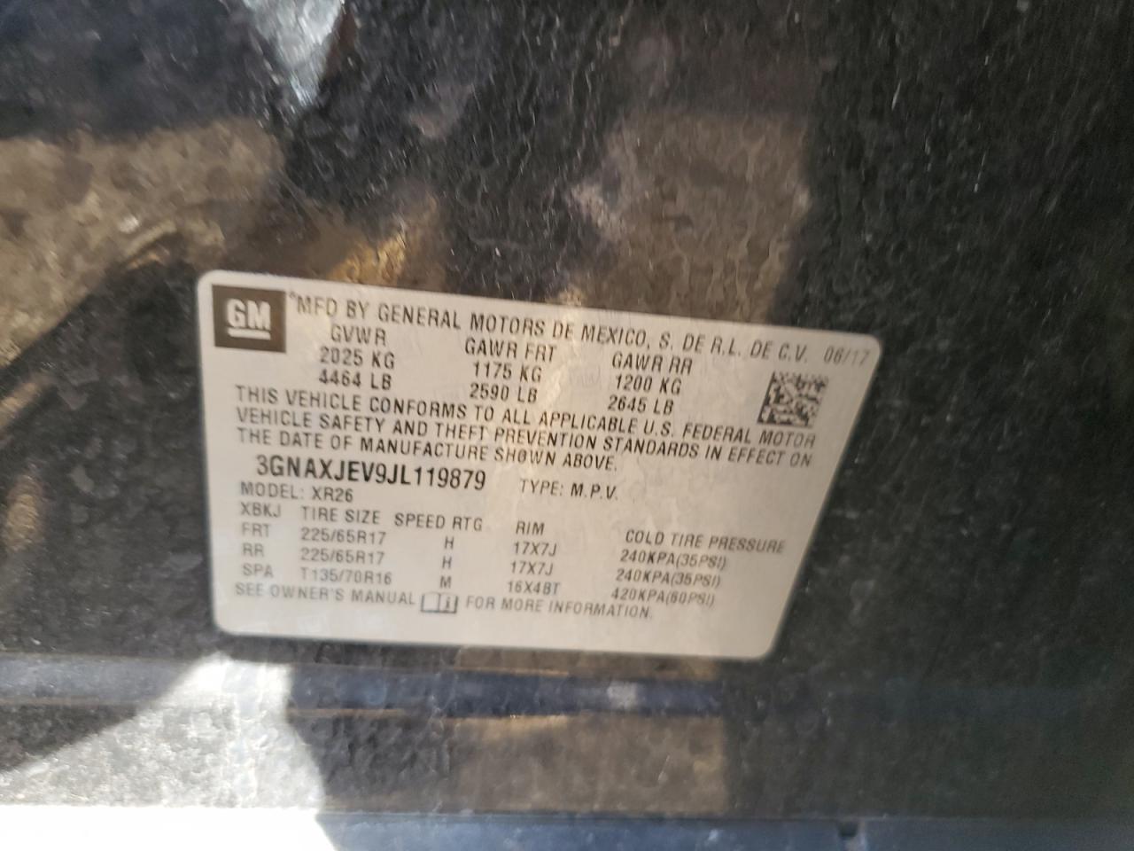 2018 Chevrolet Equinox VIN 3GNAXJEV9JL119879 Copart auction photo, side damage thumbnail 14