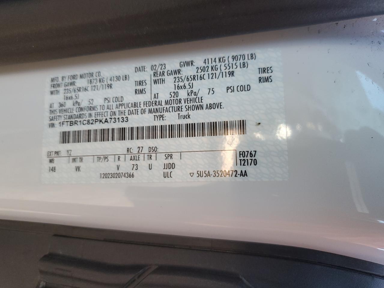 2023 Ford Transit VIN 1FTBR1C82PKA73133 Copart auction photo, front end / undercarriage damage thumbnail 13