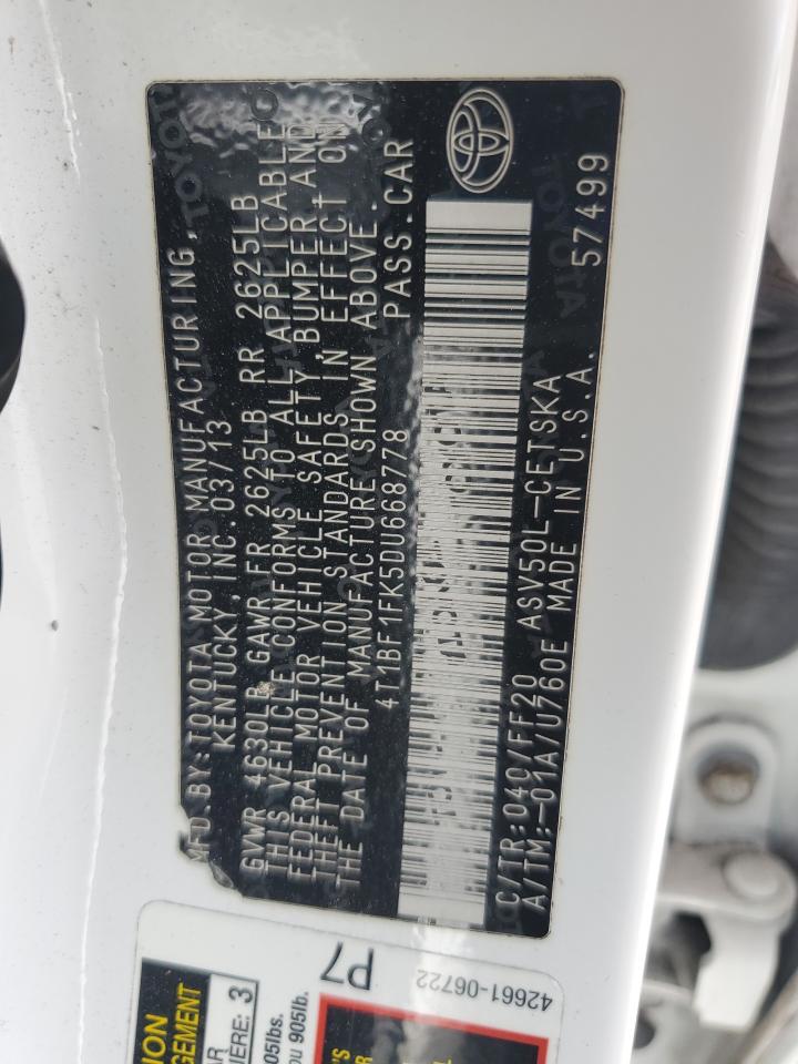 2013 Toyota Camry VIN 4T1BF1FK5DU668778 Copart auction photo, front end / side damage thumbnail 14