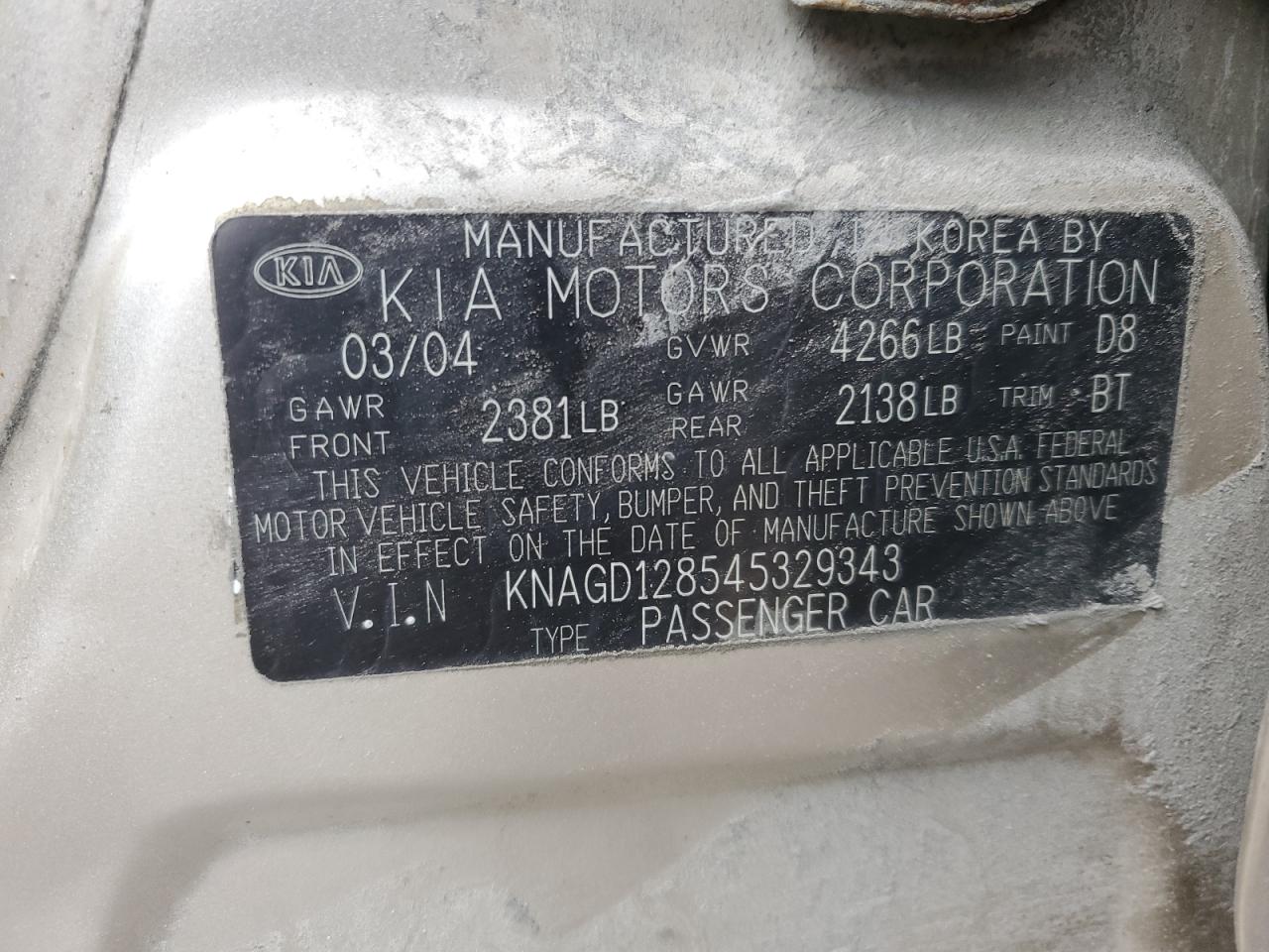 2004 KIA Optima VIN KNAGD128545329343 Copart auction photo, burn - engine / all over damage thumbnail 12