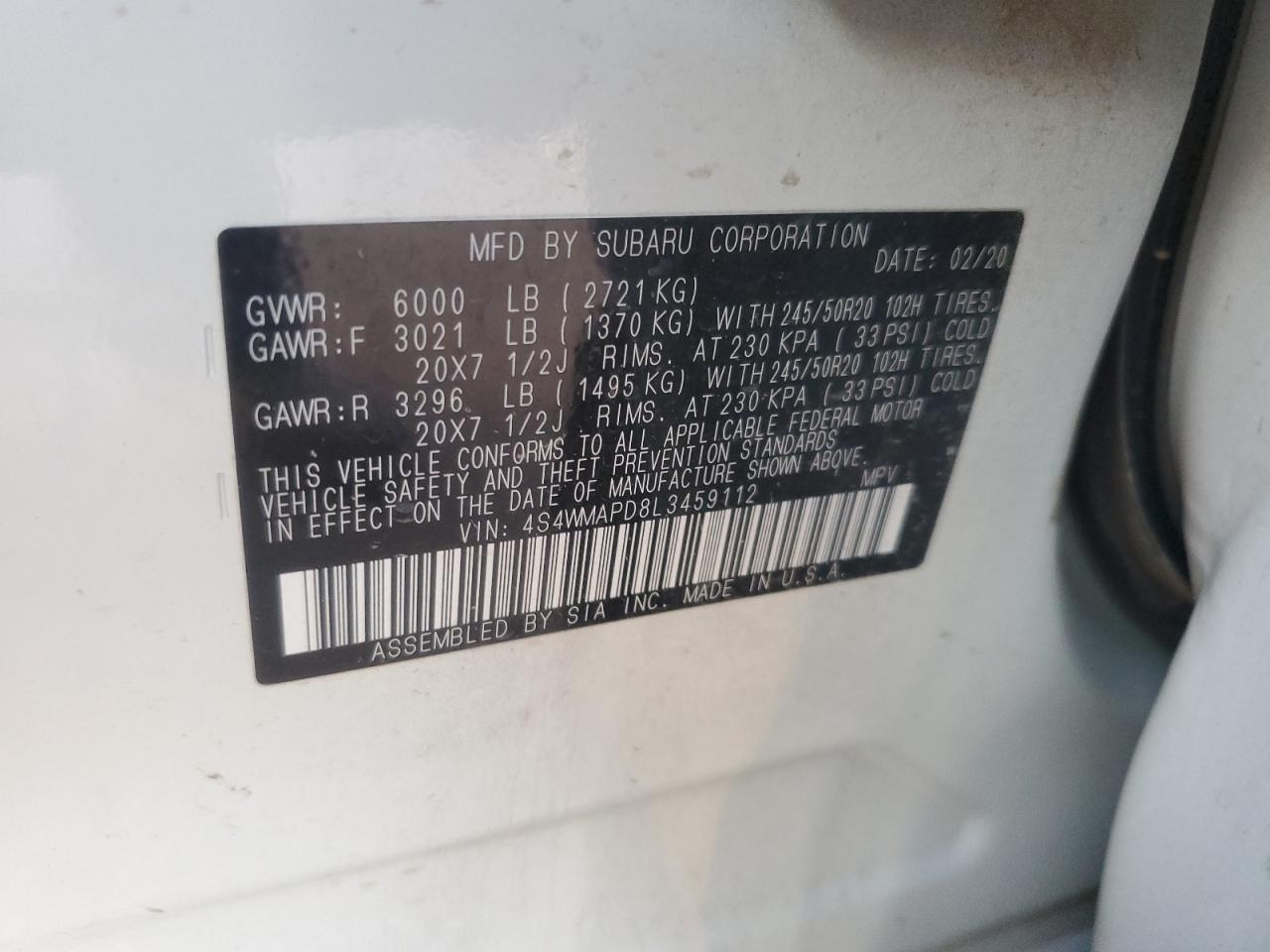 2020 Subaru Ascent VIN 4S4WMAPD8L3459112 Copart auction photo, front end / minor dent/scratches damage thumbnail 13