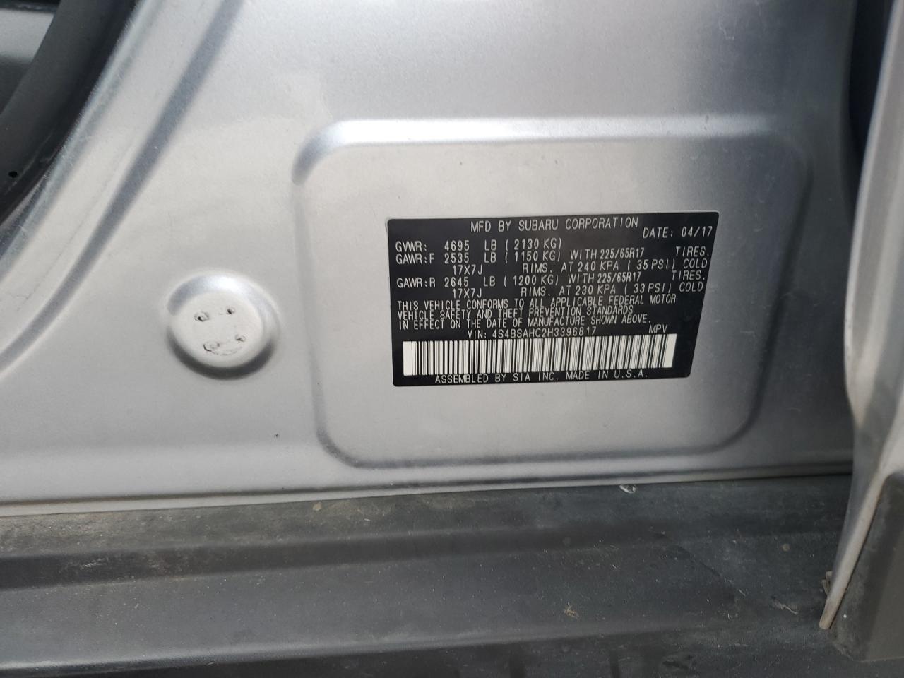 2017 Subaru Outback VIN 4S4BSAHC2H3396817 Copart auction photo, front end damage thumbnail 12