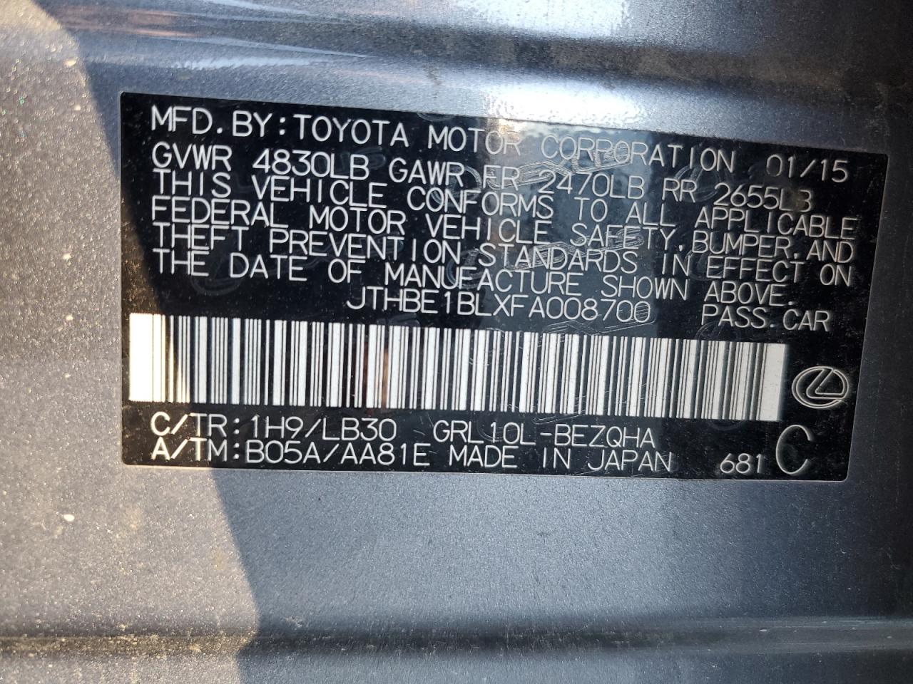 2015 Lexus GS VIN JTHBE1BLXFA008700 Copart auction photo, rear end damage thumbnail 14