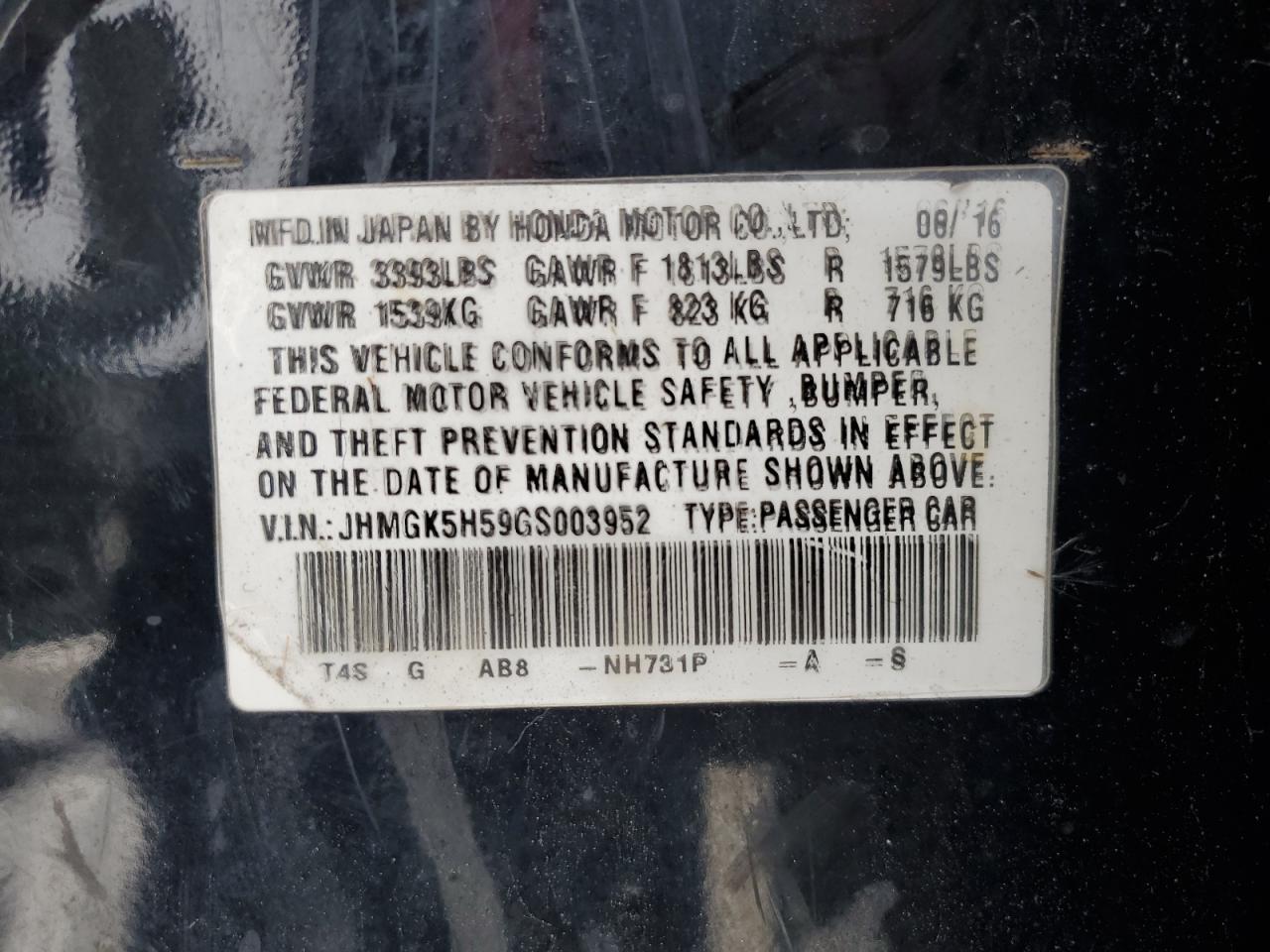 2016 Honda Fit VIN JHMGK5H59GS003952 Copart auction photo, rear end / minor dent/scratches damage thumbnail 12