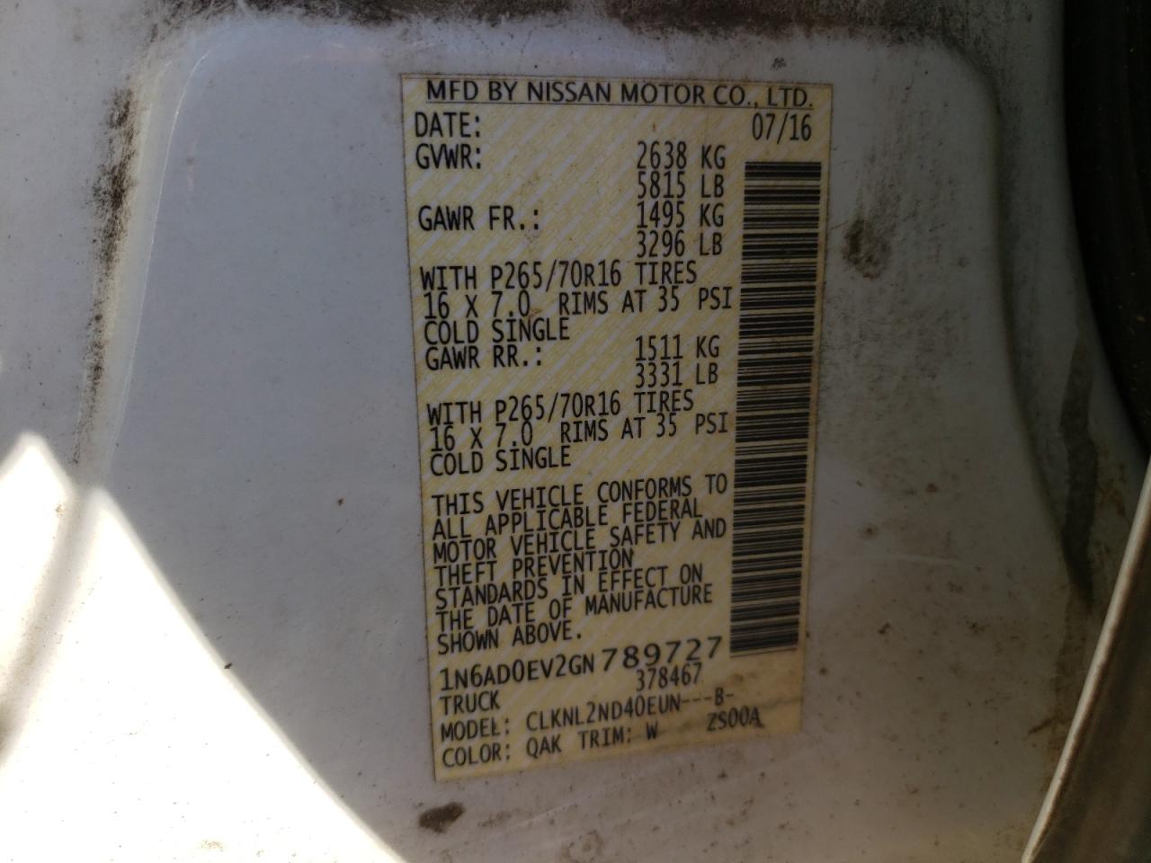 2016 Nissan Navara (Frontier) VIN 1N6AD0EV2GN789727 Copart auction photo, water/flood damage thumbnail 13