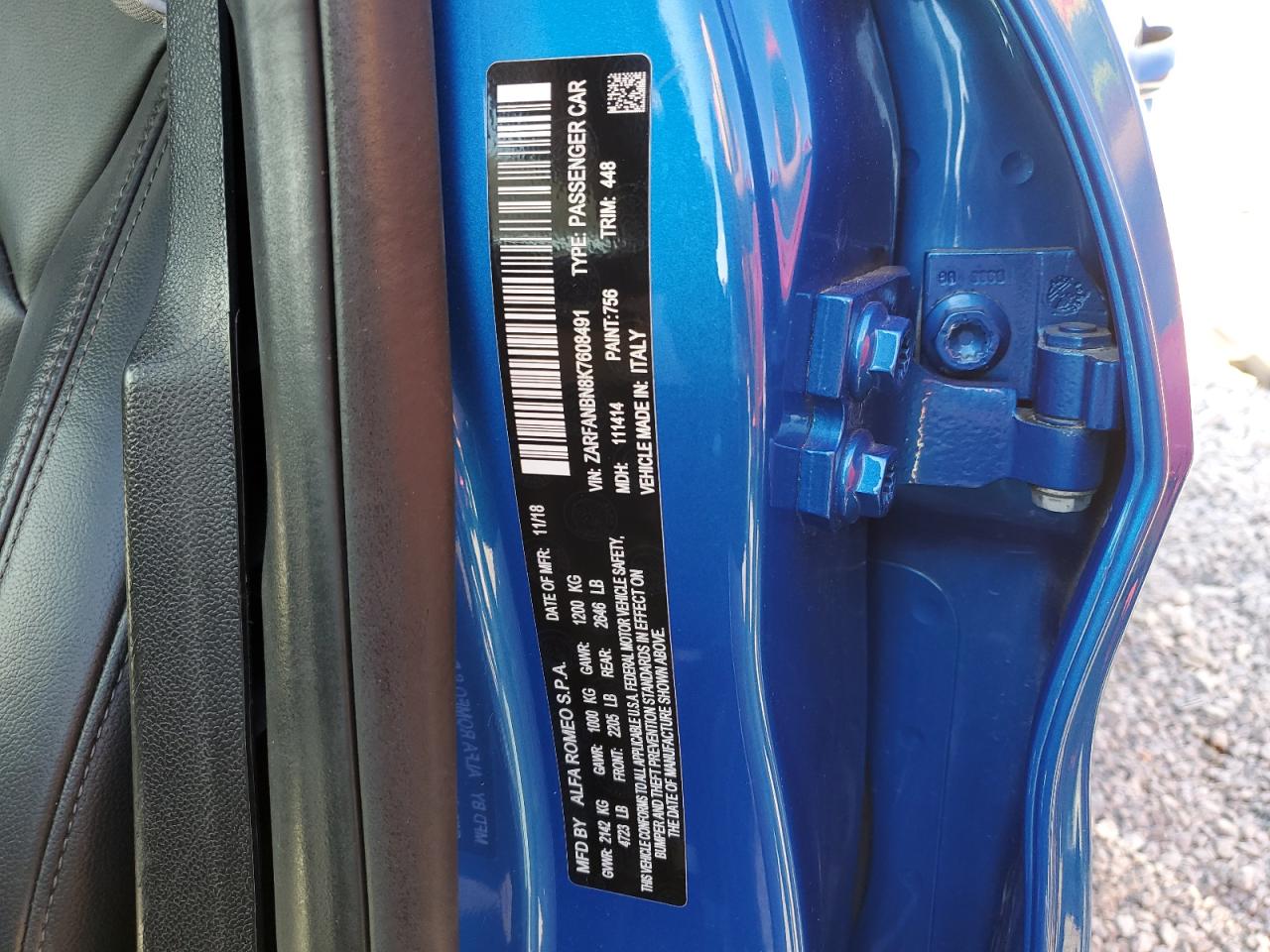 2019 Alfa Romeo Giulia VIN ZARFANBN8K7608491 Copart auction photo, side damage thumbnail 13