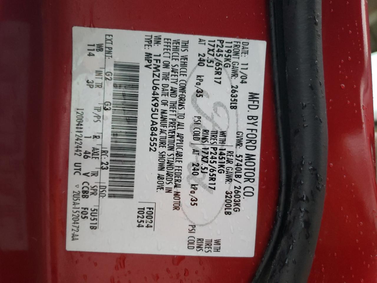 2005 Ford Explorer VIN 1FMZU64K95UA84552 Copart auction photo, rear end / front end damage thumbnail 12