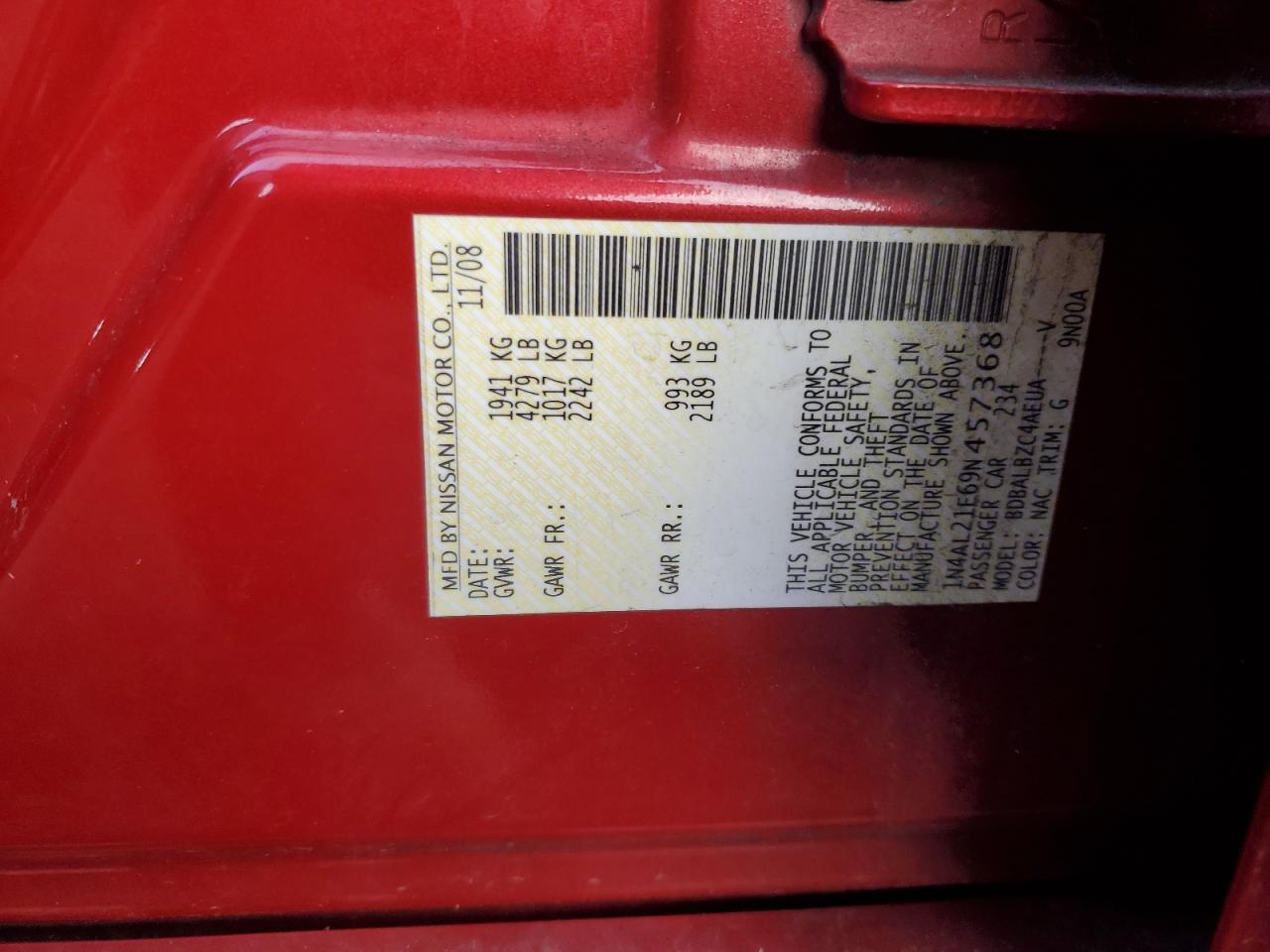 2009 Nissan Altima VIN 1N4AL21E69N457368 Copart auction photo, front end damage thumbnail 12