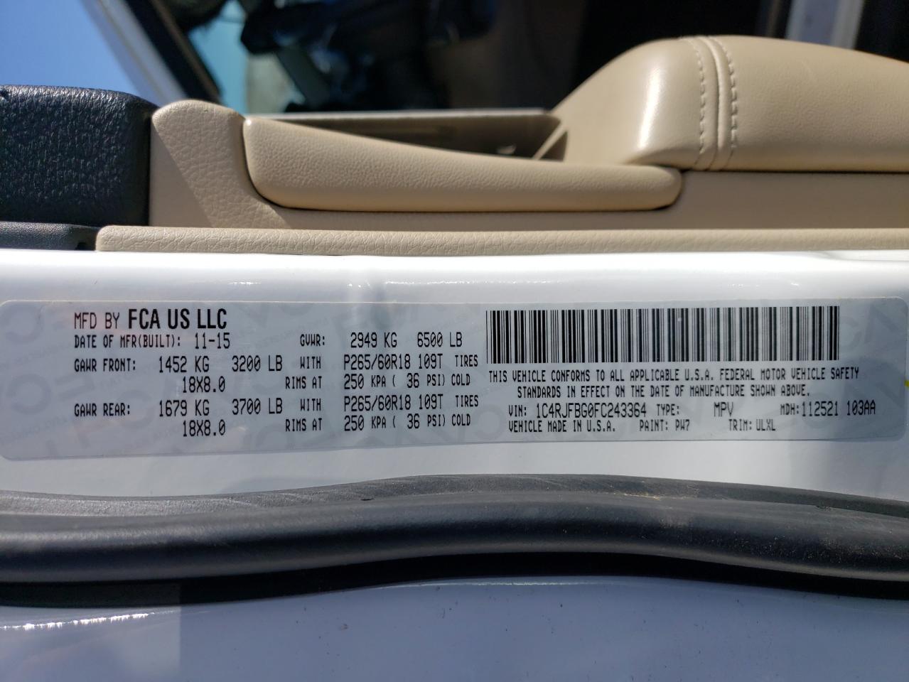2015 Jeep Grand Cherokee VIN 1C4RJFBG0FC243364 Copart auction photo, front end / hail damage thumbnail 14