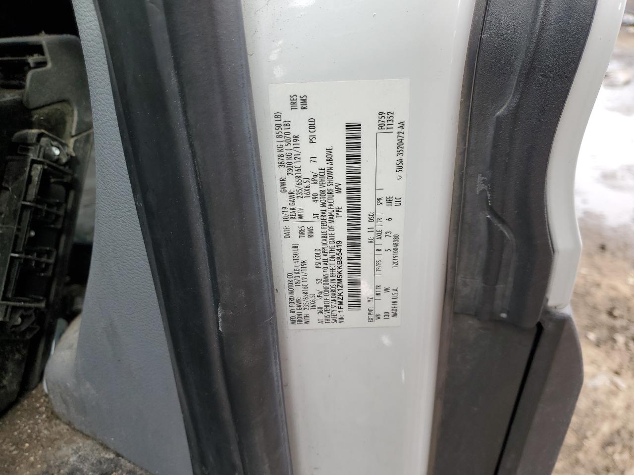 2019 Ford Transit VIN 1FMZK1ZM5KKB85419 Copart auction photo, side / rear end damage thumbnail 13