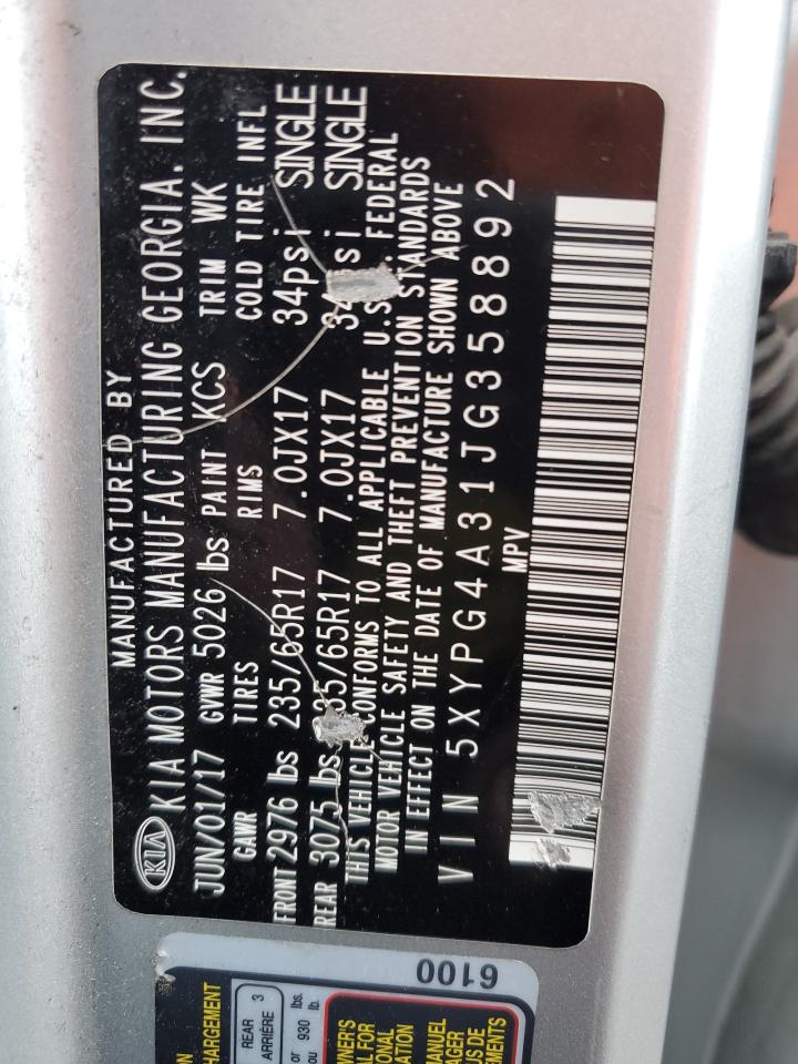 2018 KIA Sorento VIN 5XYPG4A31JG358892 Copart auction photo, all over damage thumbnail 13