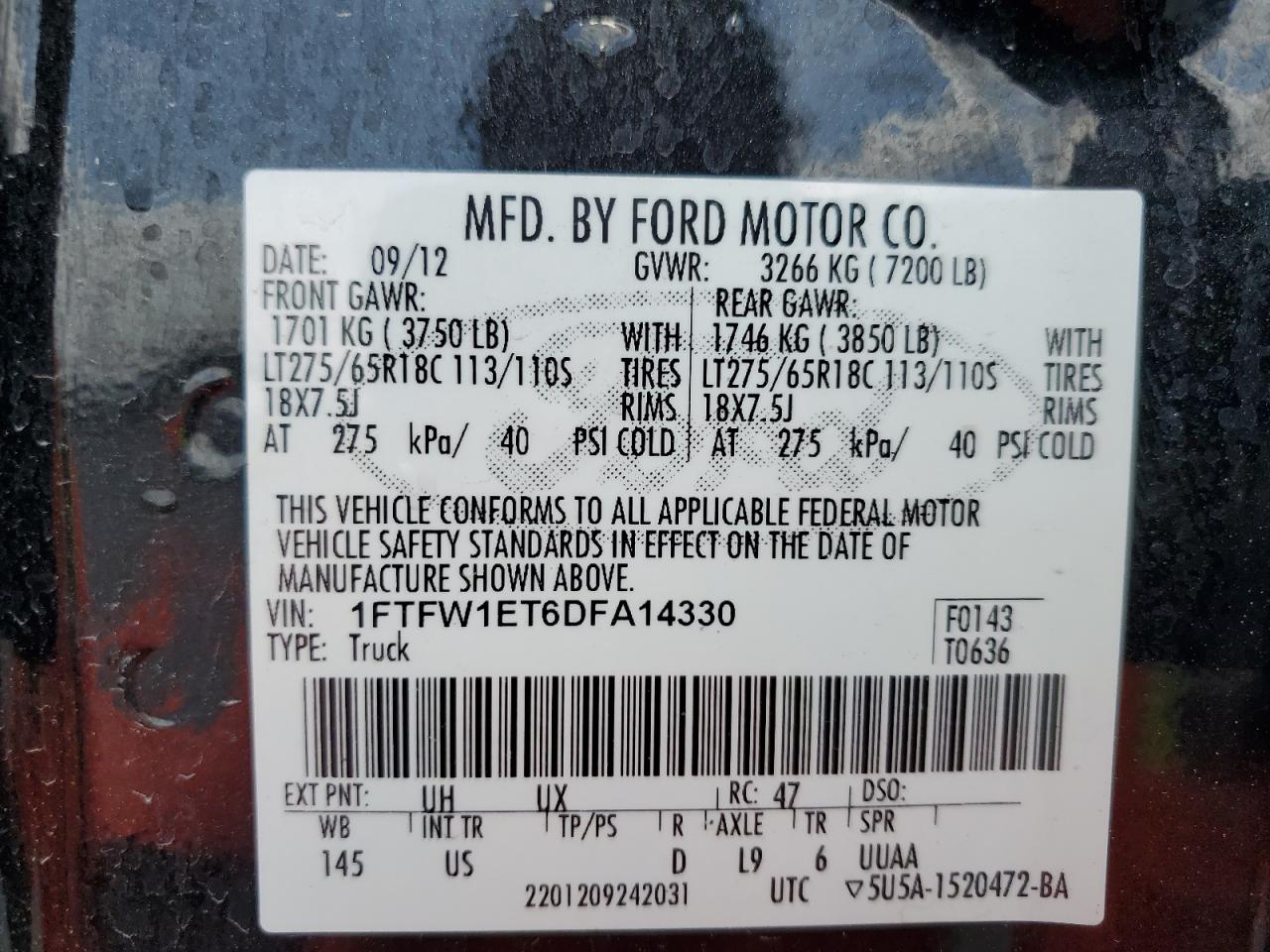 2013 Ford F-150 VIN 1FTFW1ET6DFA14330 Copart auction photo, side / rear end damage thumbnail 12