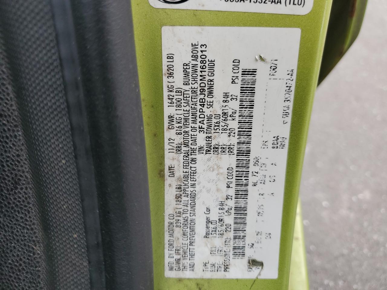 2013 Ford Fiesta VIN 3FADP4BJ9DM168013 Copart auction photo, front end damage thumbnail 15