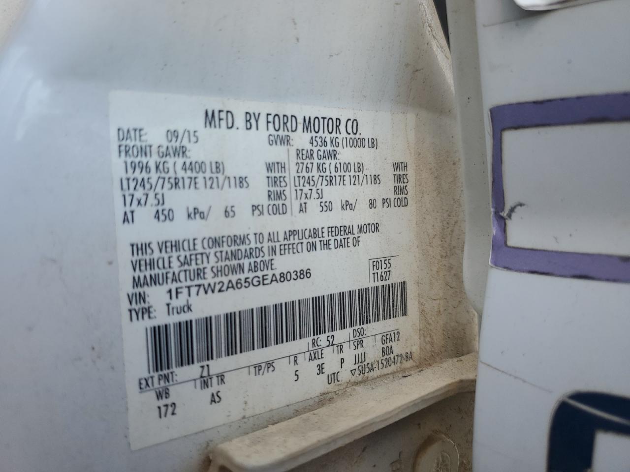 2016 Ford F250 VIN 1FT7W2A65GEA80386 Copart auction photo, all over damage thumbnail 10