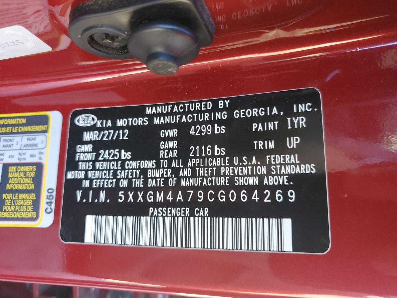 2012 KIA Optima VIN 5XXGM4A79CG064269 Copart auction photo, all over damage thumbnail 14