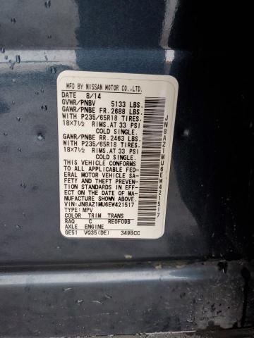 2014 Nissan Murano VIN JN8AZ1MU6EW421517 Copart auction photo, rear end / side damage thumbnail 12