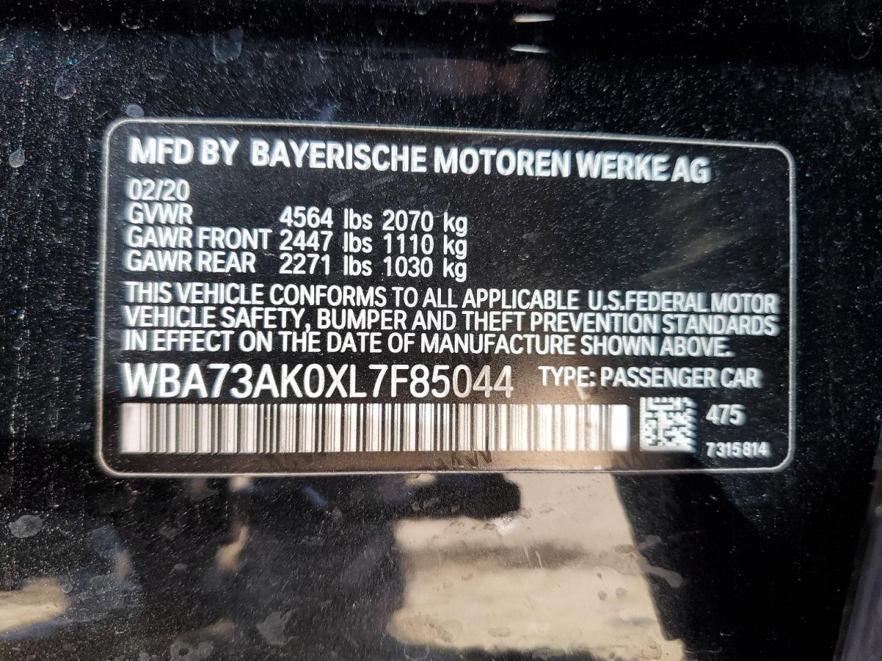 2020 BMW 2er VIN WBA73AK0XL7F85044 Copart auction photo, front end damage thumbnail 12