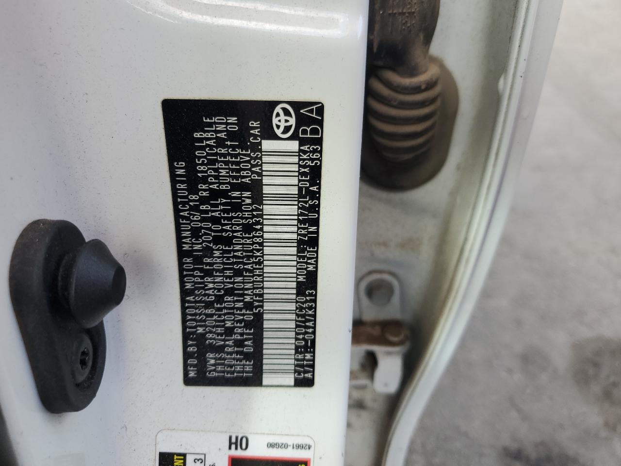 2019 Toyota Corolla VIN 5YFBURHE5KP864312 Copart auction photo, mechanical / all over damage thumbnail 12