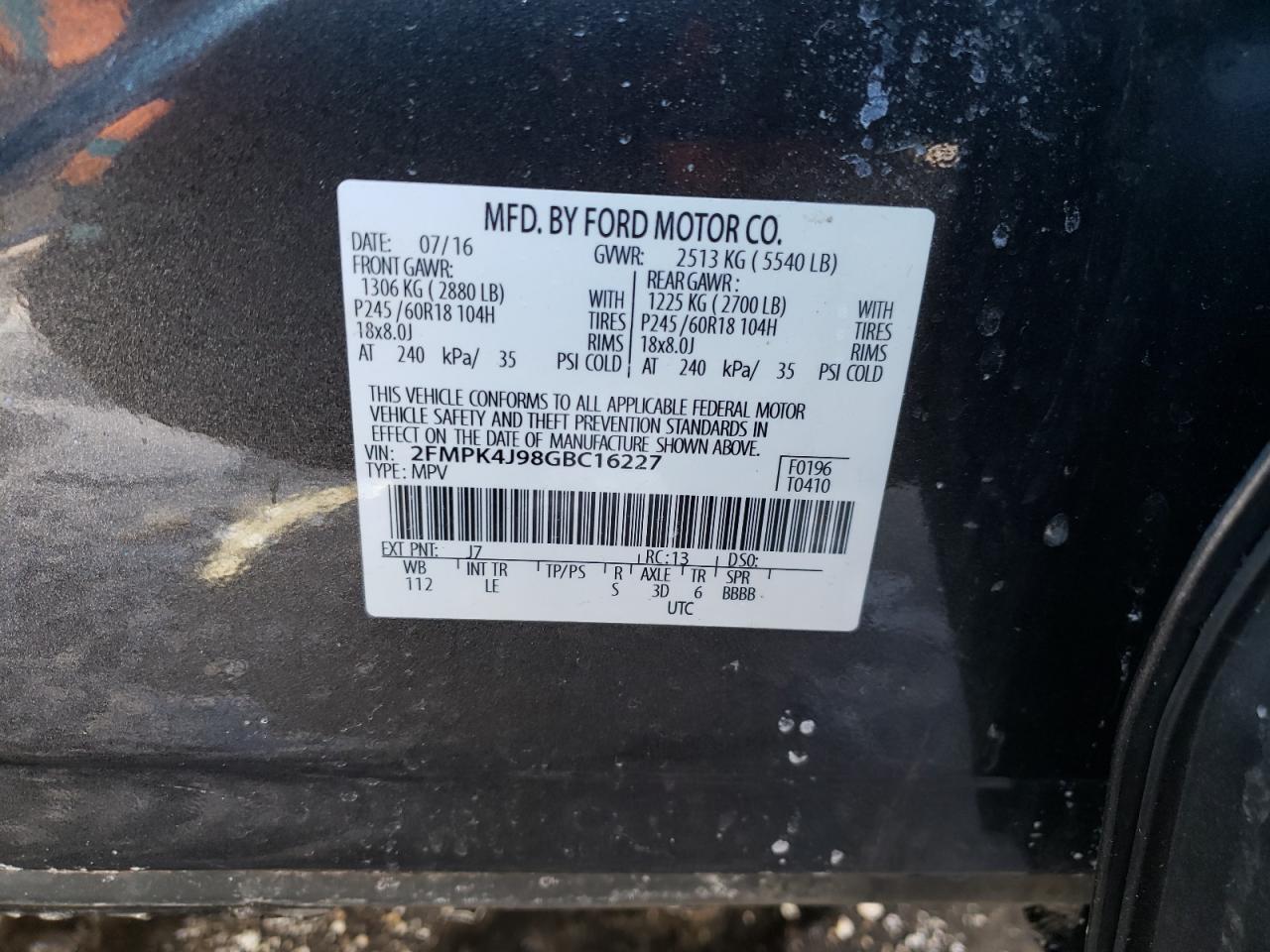 2016 Ford Edge VIN 2FMPK4J98GBC16227 Copart auction photo, front end damage thumbnail 15