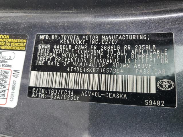 2007 Toyota Camry VIN 4T1BE46K87U657394 Copart auction photo, all over damage thumbnail 12