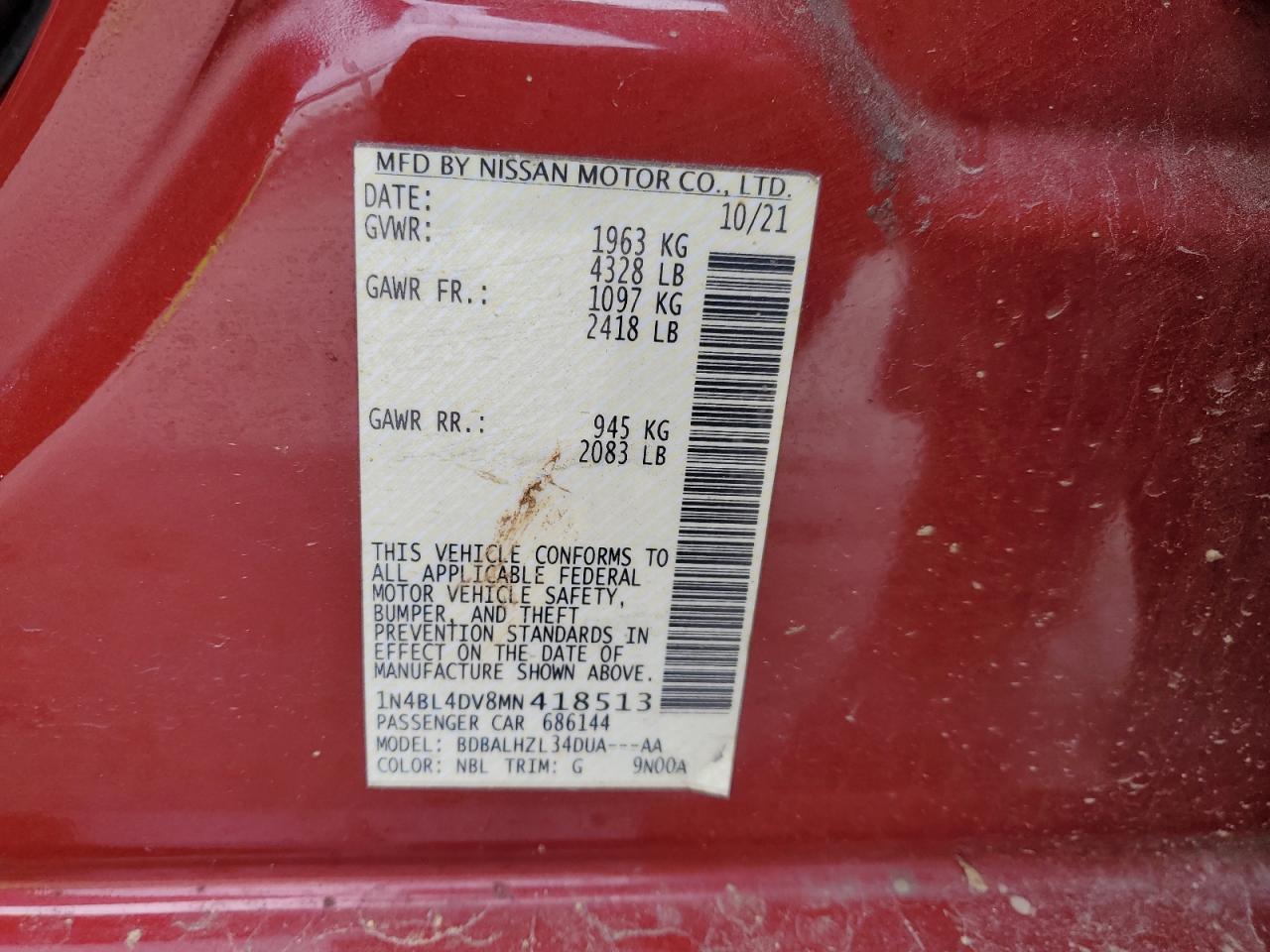 2021 Nissan Altima VIN 1N4BL4DV8MN418513 Copart auction photo, all over damage thumbnail 14