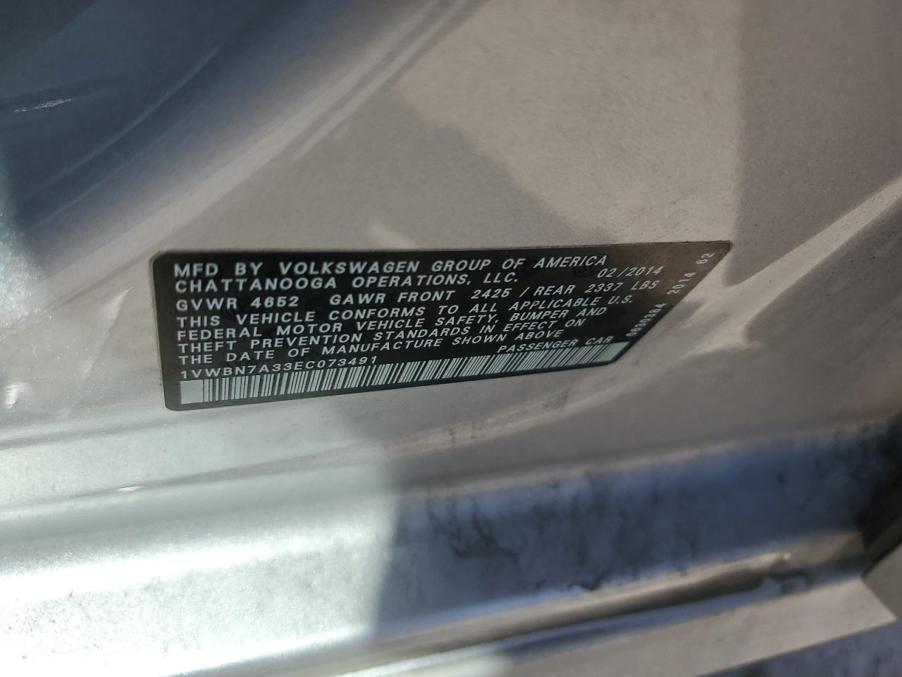 2014 Volkswagen Passat VIN 1VWBN7A33EC073491 Copart auction photo, front end damage thumbnail 14