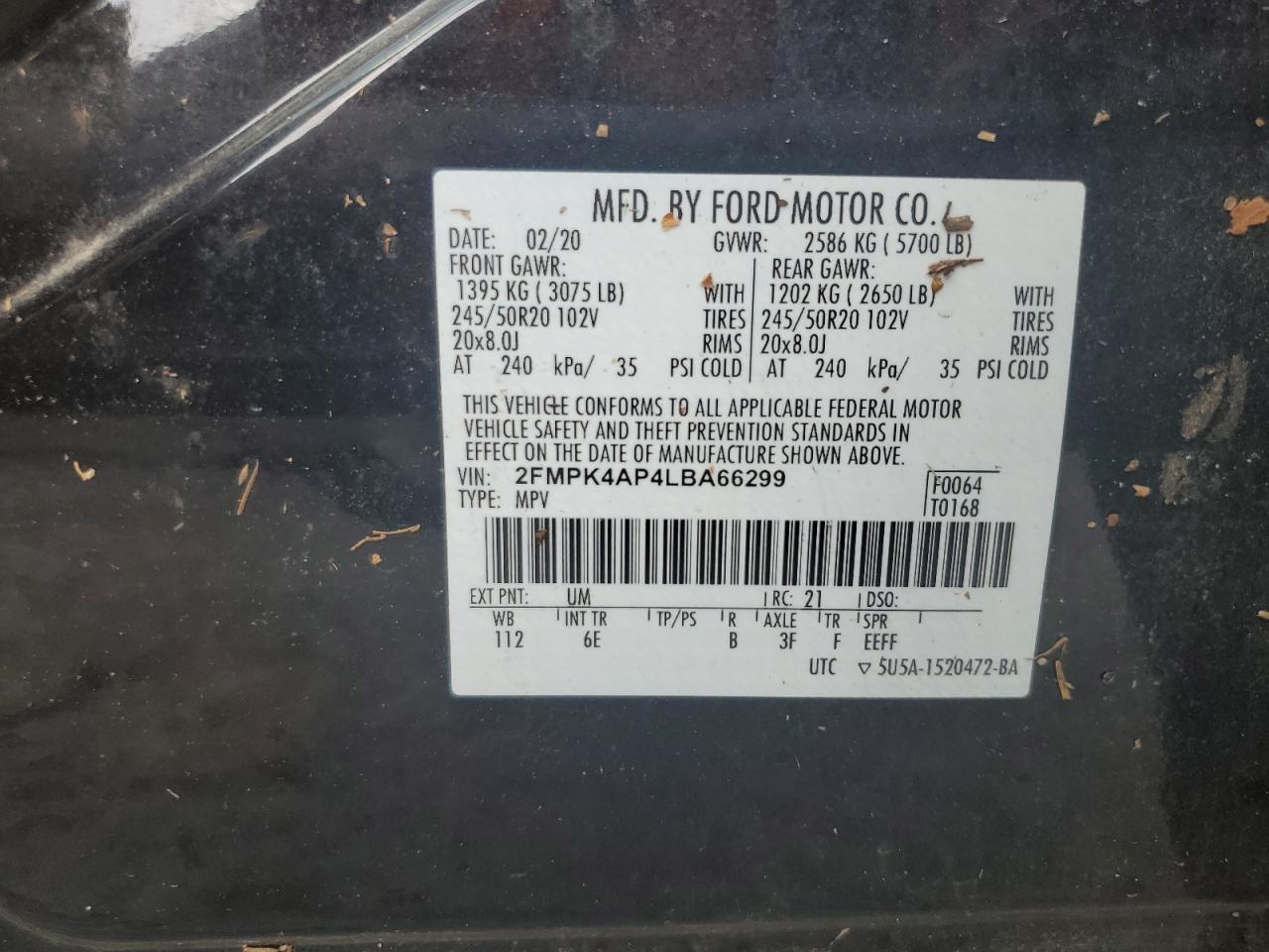 2020 Ford Edge VIN 2FMPK4AP4LBA66299 Copart auction photo, water/flood damage thumbnail 14