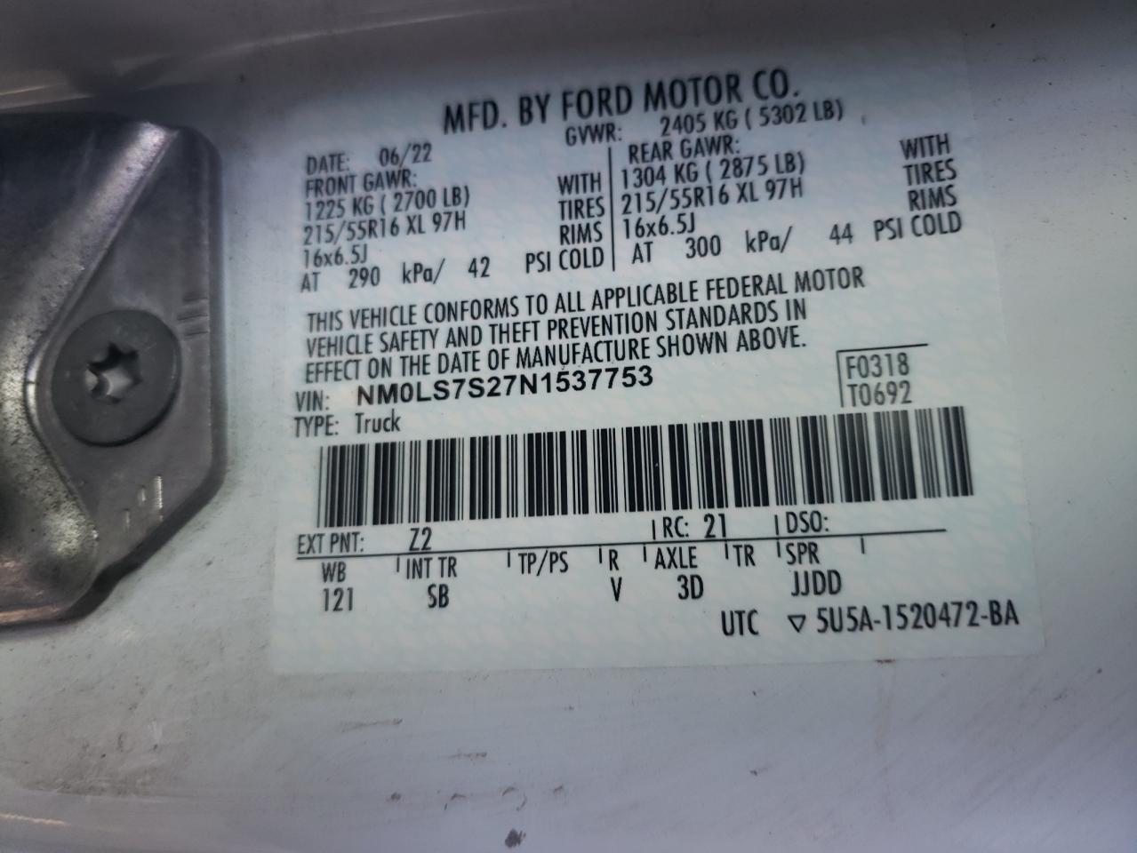 2022 Ford Transit VIN NM0LS7S27N1537753 Copart auction photo, front end damage thumbnail 13