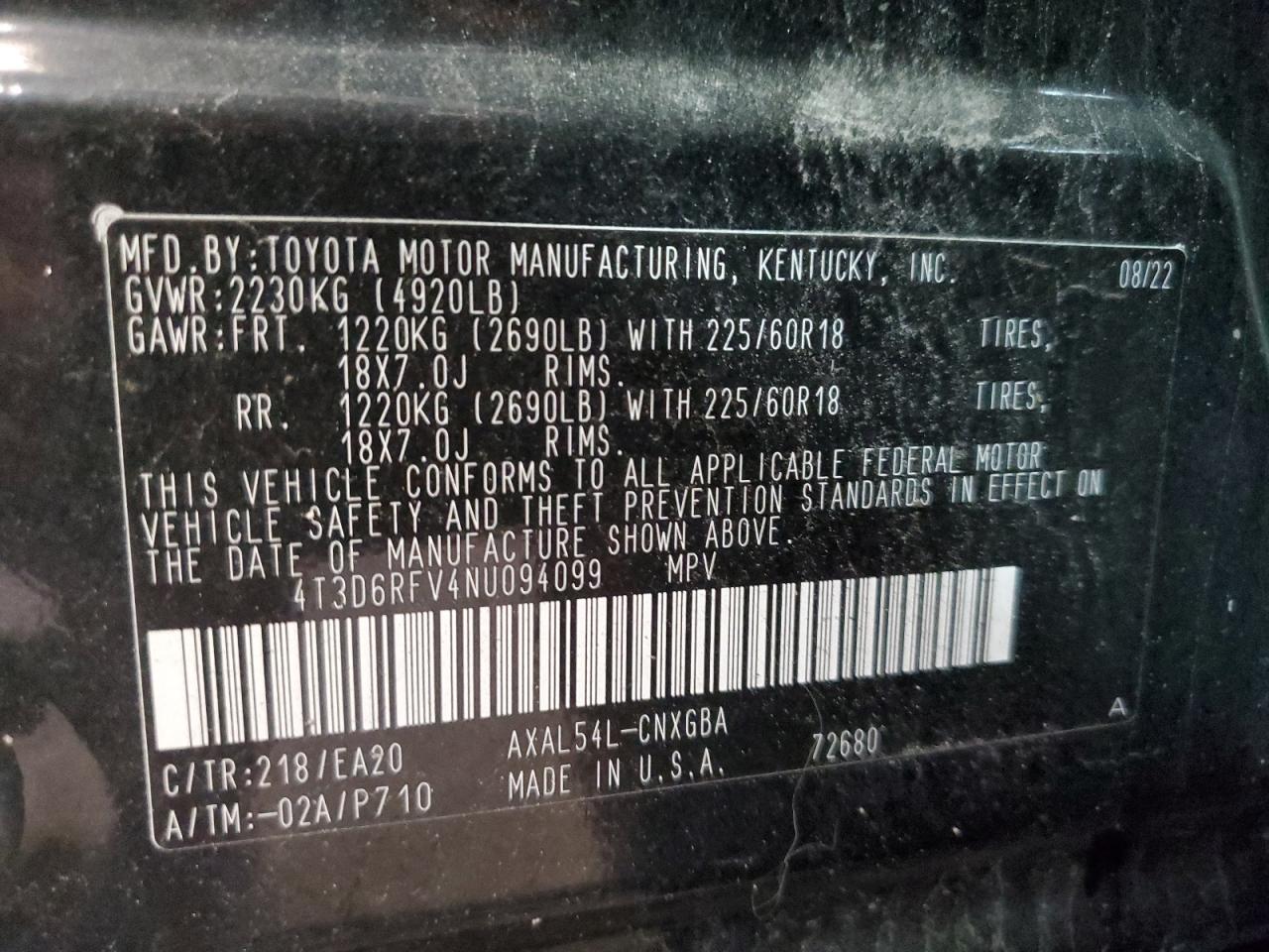 2022 Toyota RAV 4 VIN 4T3D6RFV4NU094099 Copart auction photo, rear end / minor dent/scratches damage thumbnail 14