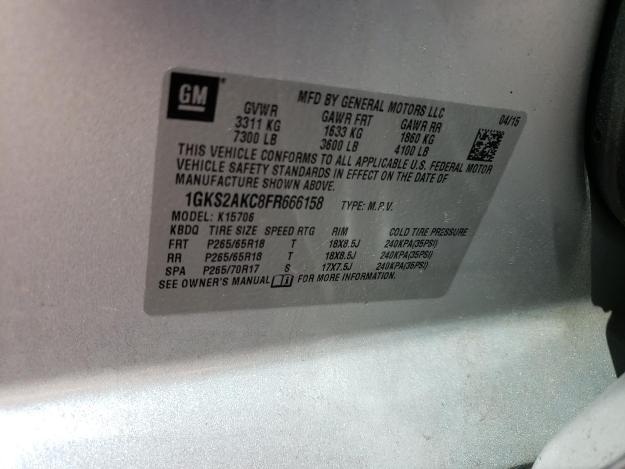 2015 GMC Yukon VIN 1GKS2AKC8FR666158 Copart auction photo, front end / side damage thumbnail 13