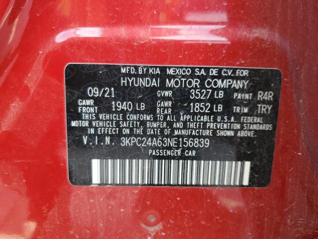2022 Hyundai Accent VIN 3KPC24A63NE156839 Copart auction photo, rear end damage thumbnail 13