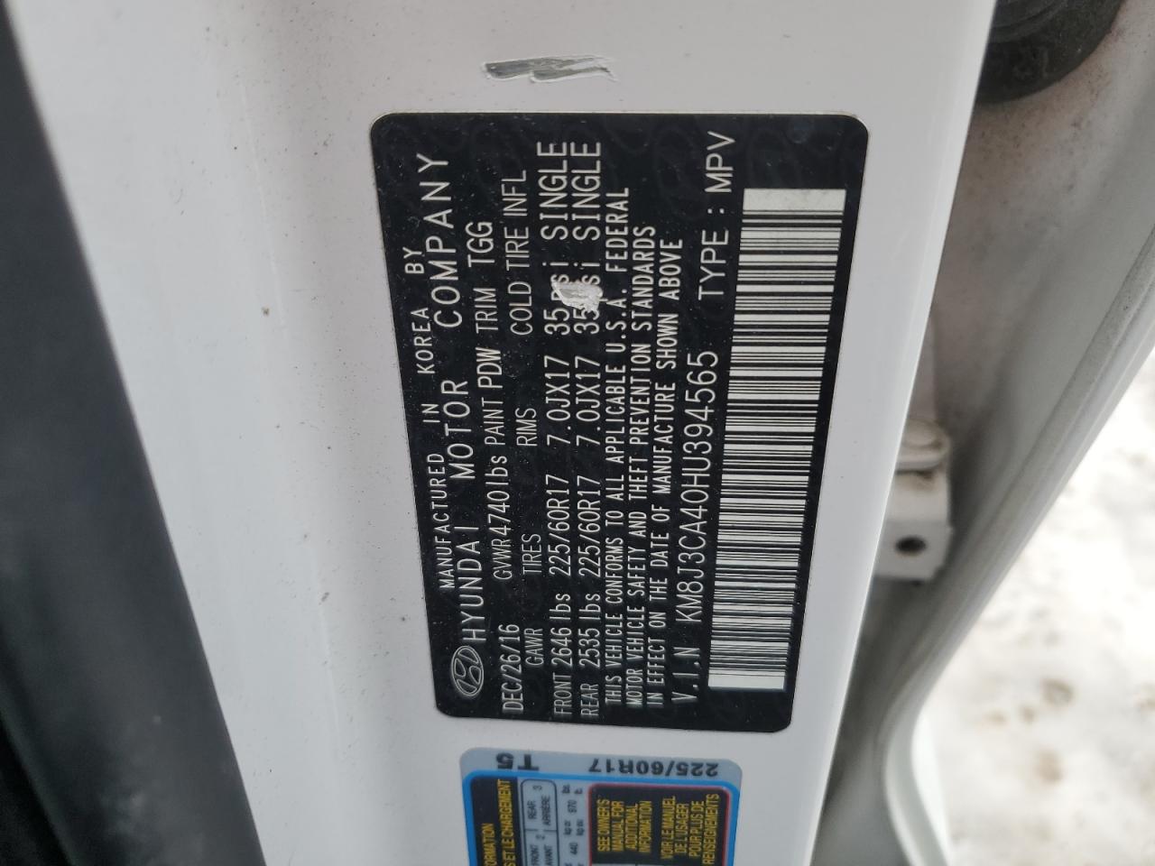 2017 Hyundai Tucson VIN KM8J3CA40HU394565 Copart auction photo, front end damage thumbnail 14