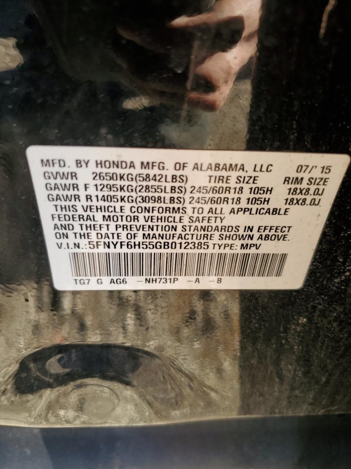 2016 Honda Pilot VIN 5FNYF6H55GB012385 Copart auction photo, rear end / side damage thumbnail 13
