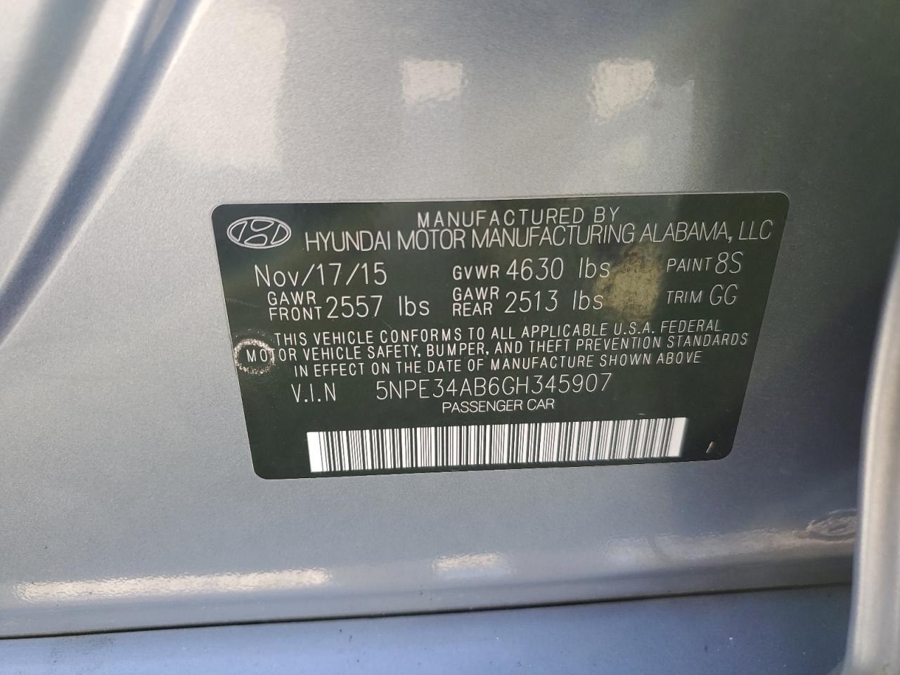 2016 Hyundai Sonata VIN 5NPE34AB6GH345907 Copart auction photo, front end damage thumbnail 14