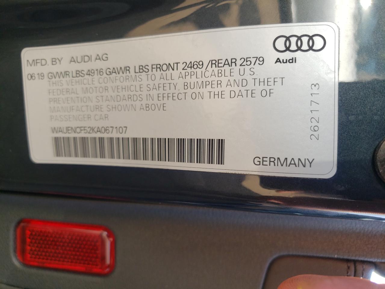 2019 Audi A5 VIN WAUENCF52KA067107 Copart auction photo, rear end / undercarriage damage thumbnail 14