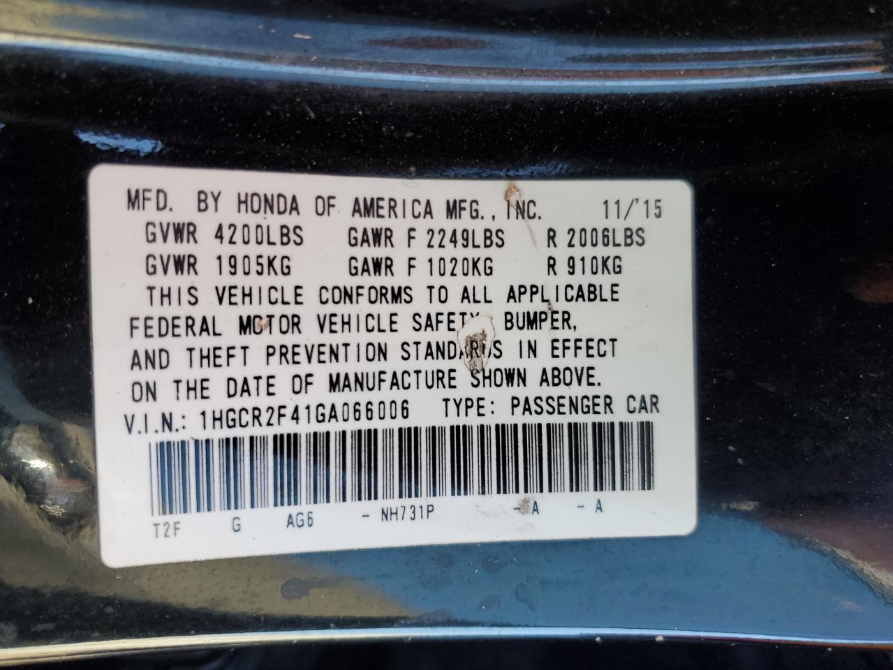 2016 Honda Accord VIN 1HGCR2F41GA066006 Copart auction photo, front end damage thumbnail 14