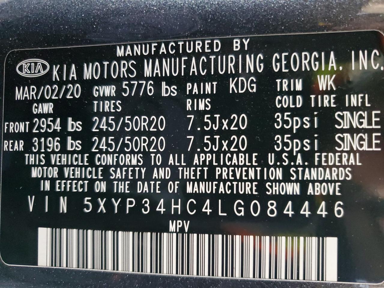 2020 KIA Telluride VIN 5XYP34HC4LG084446 Copart auction photo, front end / side damage thumbnail 13