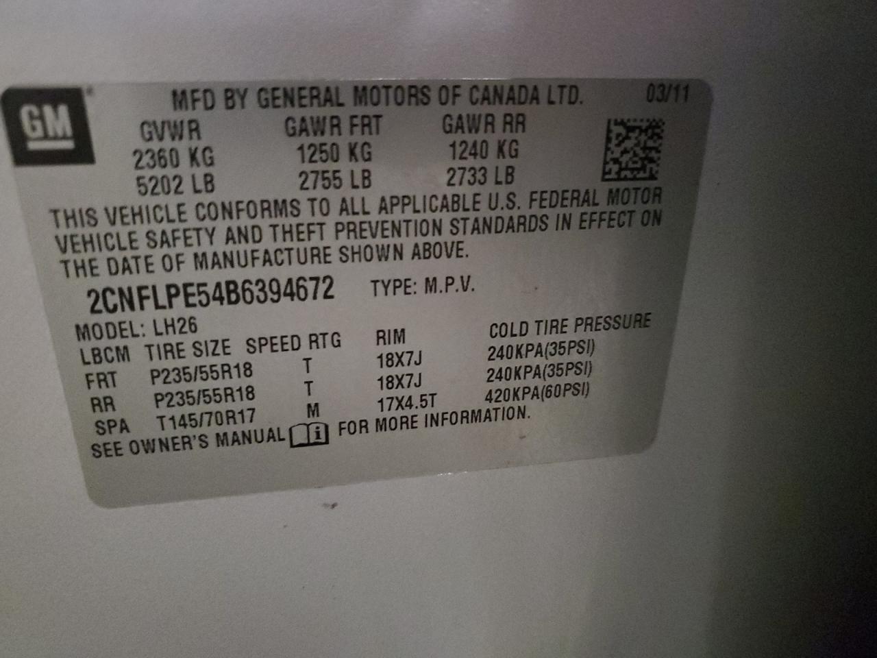 2011 Chevrolet Equinox VIN 2CNFLPE54B6394672 Copart auction photo, front end damage thumbnail 14