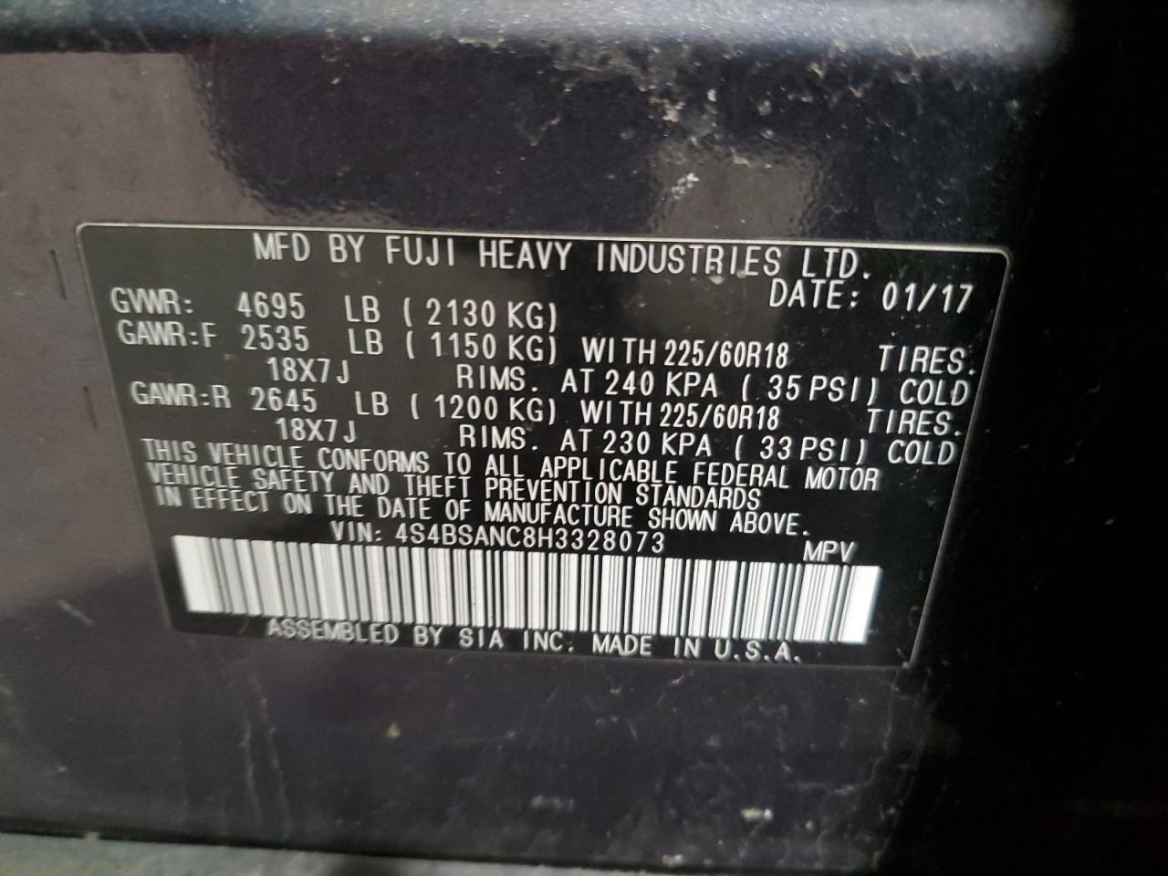 2017 Subaru Outback VIN 4S4BSANC8H3328073 Copart auction photo, rear end / minor dent/scratches damage thumbnail 13