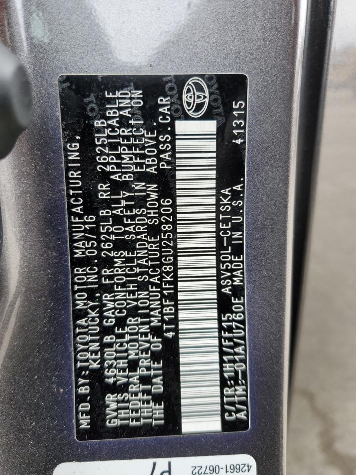 2016 Toyota Camry VIN 4T1BF1FK8GU258206 Copart auction photo, rear end damage thumbnail 13