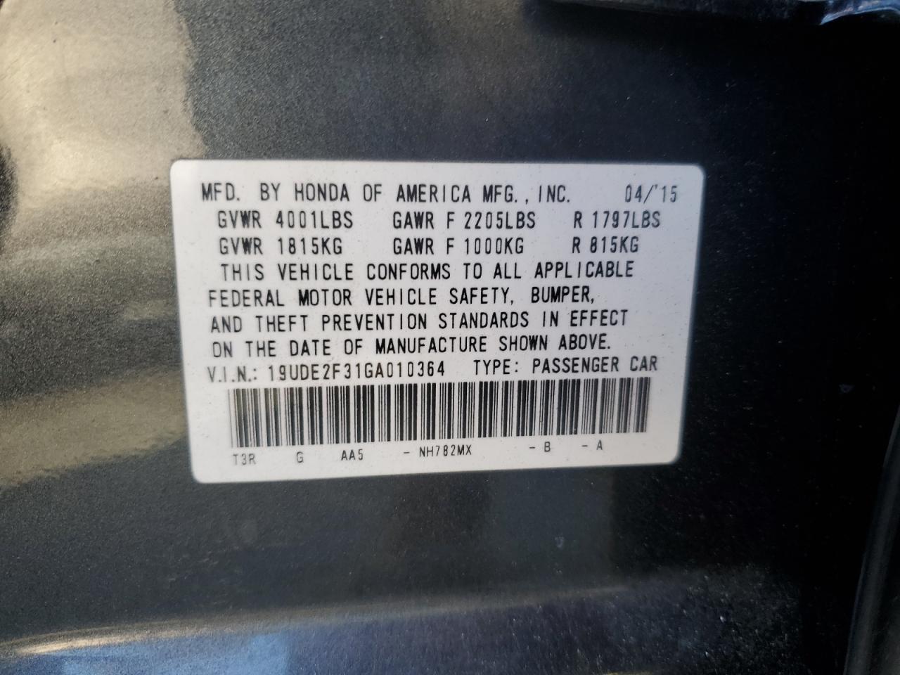 2016 Acura ILX VIN 19UDE2F31GA010364 Copart auction photo, rear end / front end damage thumbnail 13