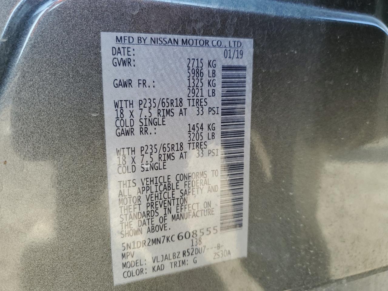 2019 Nissan Pathfinder VIN 5N1DR2MN7KC608555 Copart auction photo, front end damage thumbnail 14