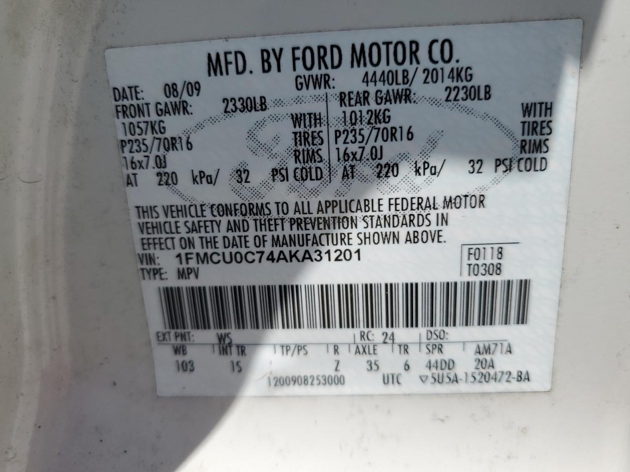 2010 Ford Escape VIN 1FMCU0C74AKA31201 Copart auction photo, front end damage thumbnail 12
