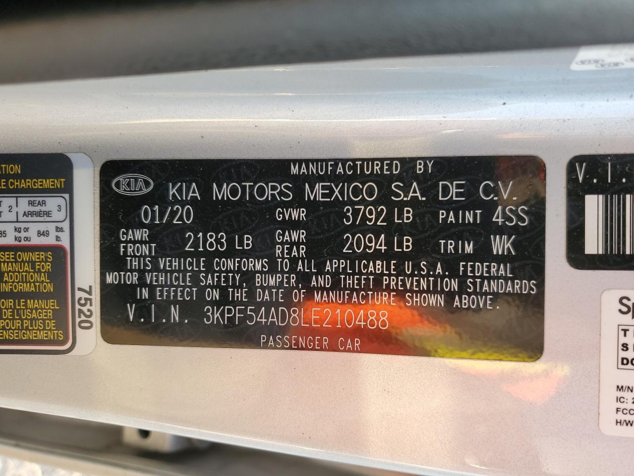 2020 KIA Forte VIN 3KPF54AD8LE210488 Copart auction photo, water/flood damage thumbnail 14